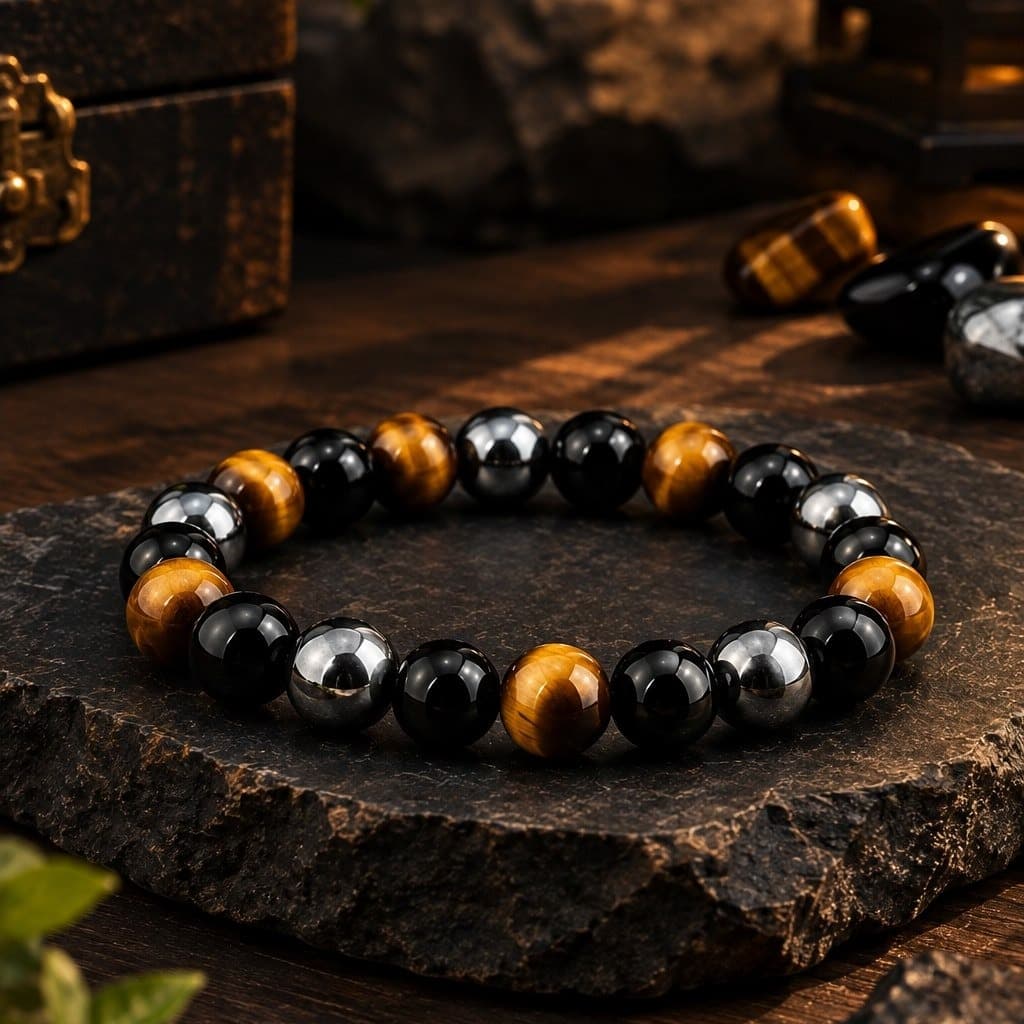 Devkhatiy Triple Protection Bracelet – Tiger Eye, Obsidian & Hematite - Image 1