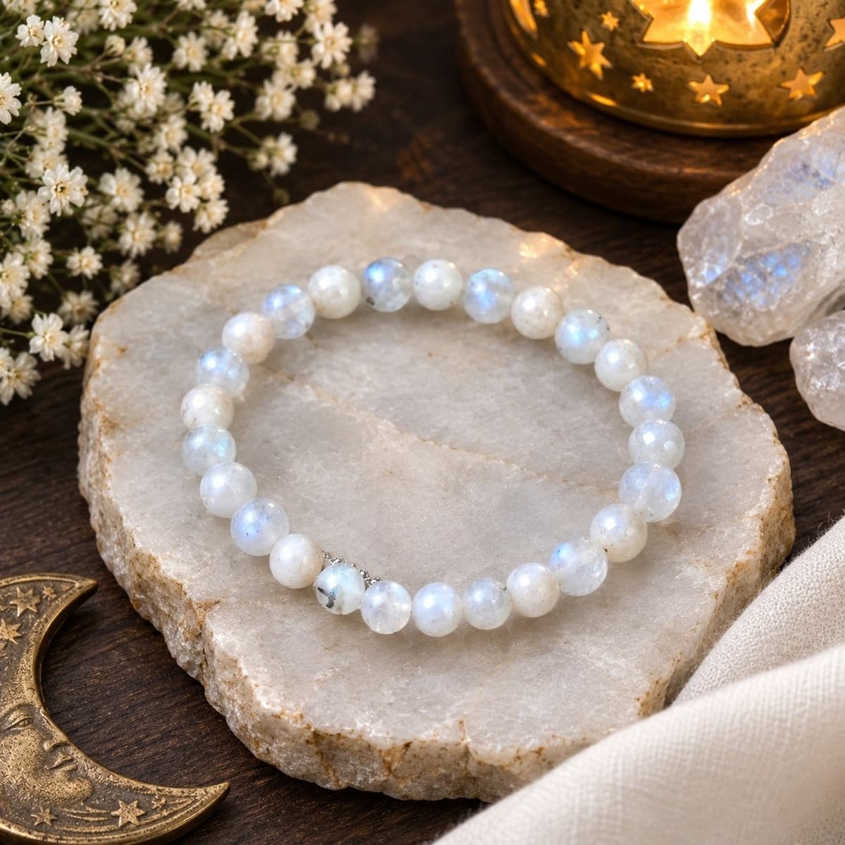 Devkhatiy Natural Pearl & Rainbow Moonstone Bracelet (Moti & Chandrakant – Mental Peace & Chandra Shanti) - Image 1